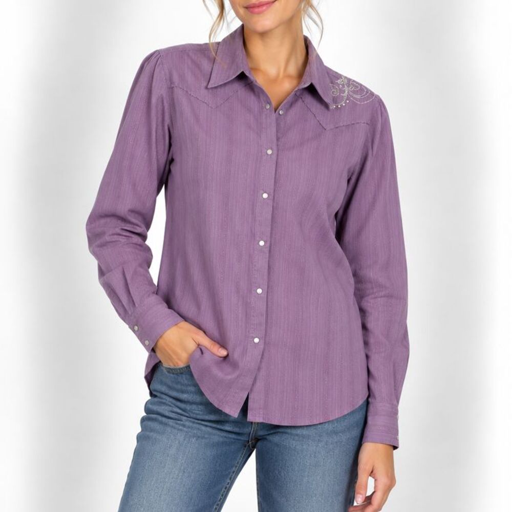Wrangler Womens XL Purple Western Pearl Snap Shirt Embroidered Yoke Cowgirl